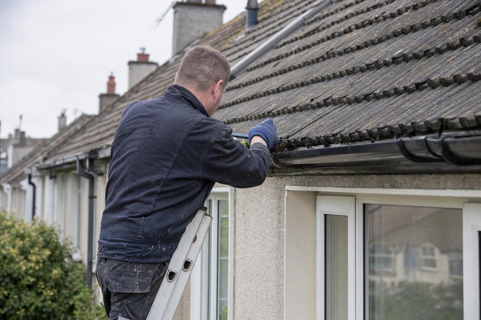 Gutter being cleared and resealed on a Limerick terrace house